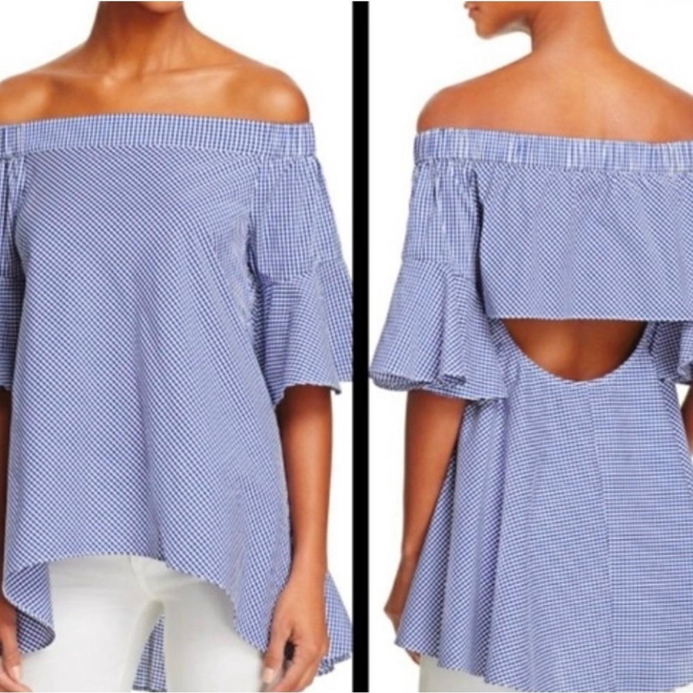 Lucy Paris Blue Gingham Off The Shoulder Ruffle‎ Sleeve Top XS